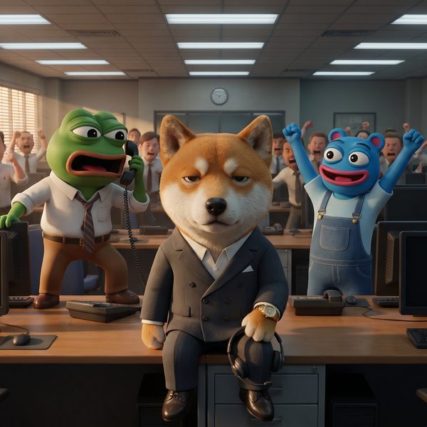 sheb on a desk in a trading floor in a charcoal suit, motionless while the room celebrates