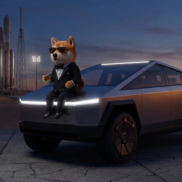 sheb in a tuxedo on the hood of a cybertruck at a desert launch pad at dusk