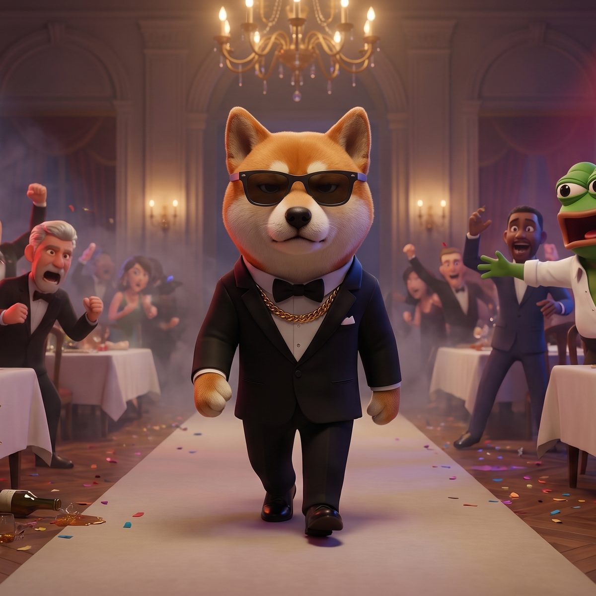 sheb walking down the middle of a ballroom party in a tuxedo, not looking at anyone
